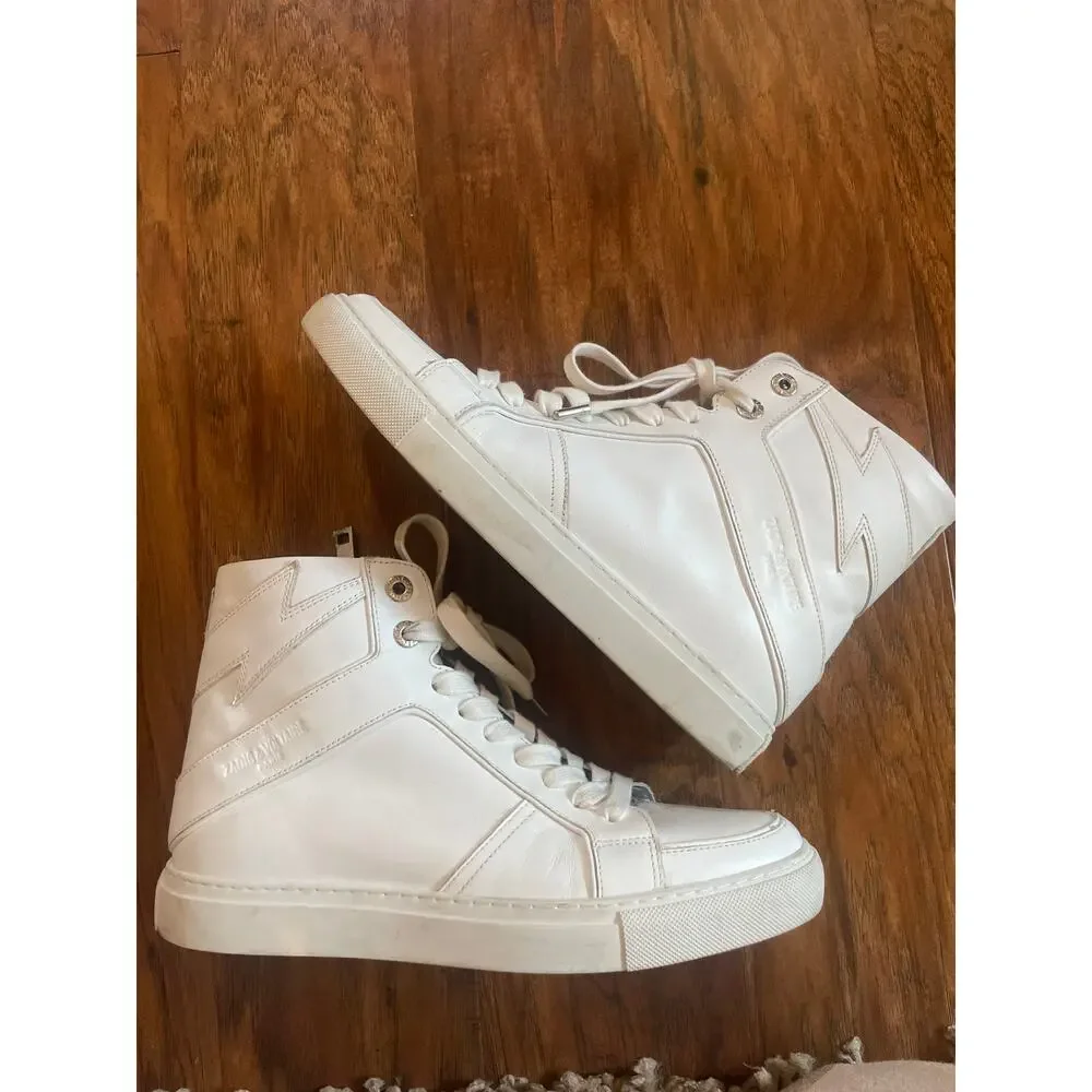 ZADIG & VOLTAIRE Flash High Top Sneakers White Lightning Bolt Size 40 10 Leather